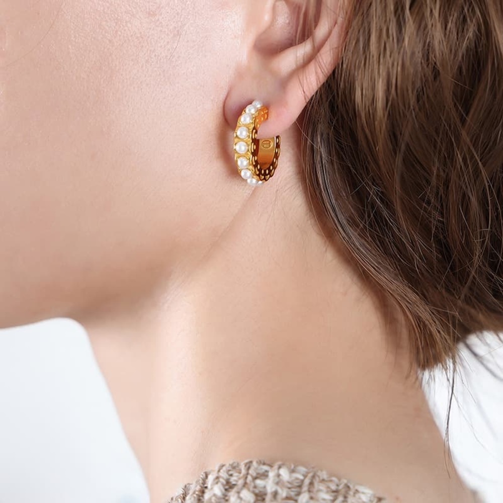 18K Gold Hoop Earrings*Pearl Earrings*Waterproof and Sweatproof